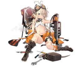 1girl black_gloves blonde_hair blue_eyes boots breasts brown_boots clothes_pull colored_shoe_soles crop_top crushed damaged eyewear_on_head floor full_body gears girls&#039;_frontline gloves gun hair_ornament hairclip hand_on_floor holding holding_gun holding_weapon jacket jacket_pull long_hair looking_at_viewer mk3a1_(girls&#039;_frontline) namyo navel official_art on_floor one_eye_closed open_clothes open_jacket open_mouth orange_jacket orange_shorts orange_socks pancor_jackhammer safety_glasses screwdriver shield shield_module shorts shotgun single_glove small_breasts socks solo tool_belt tools torn_clothes torn_jacket torn_socks transparent_background weapon wrench