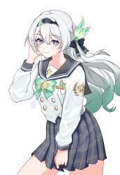 1girl absurdres artist_name black_hairband blue_pupils bow bowtie buttons commentary cowboy_shot double-breasted ejpytr firefly_(honkai:_star_rail) firefly_(spring_missive)_(honkai:_star_rail) green_bow green_bowtie green_hair grey_hair grey_sailor_collar grey_skirt hair_bow hair_ornament hairband hashtag-only_commentary highres honkai:_star_rail honkai_(series) long_hair long_sleeves looking_at_viewer multicolored_hair official_alternate_costume plaid_bow plaid_bowtie plaid_clothes plaid_skirt pleated_skirt purple_eyes sailor_collar school_uniform shirt simple_background skirt smile solo two-tone_hair white_background white_shirt