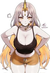 1girl angry artist_name black_tank_top breasts cleavage colored_inner_hair dolphin_shorts facing_viewer fire_emblem fire_emblem_heroes gradient_hair grey_hair gullveig_(fire_emblem) highres horns large_breasts long_hair looking_at_viewer multicolored_hair navel nintendo pale_skin pout puff_of_air rotomdocs short_shorts shorts simple_background single_horn solo tank_top thighs v-shaped_eyebrows very_long_hair white_background yellow_eyes