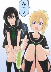 2girls absurdres bag black_hair black_serafuku black_socks blonde_hair collarbone from_below fuku_(fuku12290574) green_eyes green_neckerchief grey_background highres long_hair looking_at_viewer multiple_girls neckerchief open_mouth original panties pantyshot purple_eyes school_uniform serafuku shoulder_bag skindentation socks speech_bubble squatting translation_request underwear very_long_hair white_panties