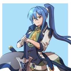 1girl blue_background blue_hair border coat commentary commission double-parted_bangs eiyuu_densetsu english_commentary floating_clothes floating_hair hair_between_eyes high_collar highres huge_weapon kursed_tea laura_s._arseid long_hair looking_at_viewer necktie planted planted_sword planted_weapon ponytail second-party_source sen_no_kiseki sen_no_kiseki_(series) sen_no_kiseki_iii sidelocks smile solo sword twitter_username two-tone_background upper_body weapon white_border yellow_eyes