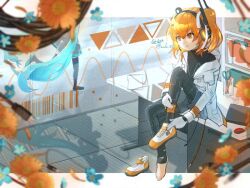 2girls a.i._voice adachi_rei black_boots black_shirt black_skirt black_thighhighs blue_hair boots cable desk glass hair_ribbon hatsune_miku headlamp indoors jacket library looking_at_another mido_(mido504) multiple_girls on_desk open_clothes open_jacket orange_eyes orange_hair radio_antenna ribbon scissors shadow shelf shirt shoes side_ponytail single_bare_foot sitting skirt skirt_set smile thigh_boots thighhighs tree twintails unworn_shoes utau vocaloid white_jacket white_ribbon worm