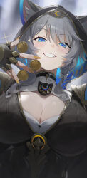 1girl absurdres animal_ear_fluff animal_ears blue_eyes bow breasts cat_ears cipher_(honkai:_star_rail) coin commentary ears_through_hood english_commentary fingernails grey_hair hair_bow highres honkai:_star_rail honkai_(series) large_breasts long_fingernails looking_at_viewer mole mole_on_chest nail_polish short_hair smile solo teeth upper_body white_bow yellow_nails yonesdraws