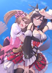 2girls animal_ears belt black_hair black_legwear blue_eyes blush bow breasts brown_belt brown_eyes brown_hair choker cleavage closed_mouth detached_sleeves dirndl eishin_flash_(umamusume) german_clothes hair_between_eyes hair_bow highres horse_ears horse_girl horse_tail large_breasts long_hair multiple_girls narushima_kanna one_eye_closed open_mouth pink_bow plaid_clothes plaid_skirt puffy_short_sleeves puffy_sleeves purple_bow red_choker red_skirt short_hair short_sleeves skirt smart_falcon_(umamusume) smile tail thighhighs twintails umamusume