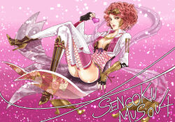 afro ass breasts brown_eyes cleavage coat cross-laced_clothes cross-laced_legwear curly_hair fingernails fishnet_leotard fishnets heart high_heels koshoushou large_breasts leotard lips lipstick long_fingernails makeup nail_polish pink_hair pink_nails sengoku_musou source_request thighhighs thighs white_thighhighs