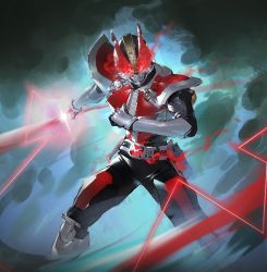 Rule 34 | armor, attack, bad id, bad pixiv id, black bodysuit, bodysuit, cowboy shot, den-o belt, dengasher sword mode, electricity, finishing move, glowing, glowing eyes, incoming attack, kamen rider, kamen rider den-o, kamen rider den-o (series), male focus, nicholas f, red armor, red eyes, rider belt, solo, sword, sword form, tokusatsu, weapon