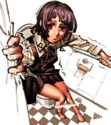 Rule 34 | 1girl, barefoot, black dress, chainsaw man, collared shirt, dress, earrings, fami (chainsaw man), fourth east high school uniform, gar rooster, grey hair, highres, jewelry, long sleeves, mole, mole under eye, multiple moles, neck ribbon, no toilet paper, on toilet, panties, panty pull, pinafore dress, public restroom, red eyes, ribbon, ringed eyes, school uniform, shirt, sleeveless, sleeveless dress, solo, toilet, toilet use, underwear, white panties, white shirt