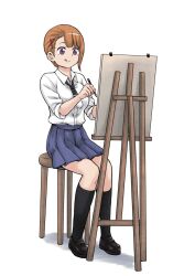 1girl :q black_necktie black_shoes black_socks blue_skirt closed_mouth collared_shirt commentary_request easel full_body hair_ornament highres holding holding_pencil izumi_(toubun_kata) loafers mieruko-chan necktie official_art orange_hair pencil pleated_skirt purple_eyes school_uniform shadow shirt shirt_tucked_in shoes short_hair simple_background sitting skirt smile socks solo tongue tongue_out white_background white_shirt wooden_stool x_hair_ornament yurikawa_hana