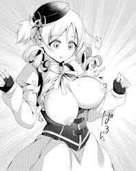 1girl beret blush bouncing_breasts breasts breasts_out cleavage commentary corset cowboy_shot drill_hair fingerless_gloves flower_hairpin gloves greyscale hair_ornament hat highres huge_breasts large_breasts long_hair long_sleeves magical_girl mahou_shoujo_madoka_magica monochrome motion_lines multiple_girls nipples no_bra open_clothes open_mouth puffy_sleeves ribbon short_hair skirt solo soul_gem speed_lines sweatdrop tomoe_mami torn_clothes twin_drills twintails zwei_(santanawamuujojo)