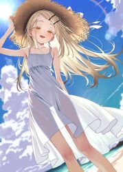1girl absurdres arm_up armpits bare_arms bare_shoulders blonde_hair blue_sky blush breasts collarbone commentary cowboy_shot dress earrings feet_out_of_frame flat_chest gakuen_idolmaster hair_ornament hairpin hat highres idolmaster jewelry long_hair looking_at_viewer marine_day ocean open_mouth orange_eyes outdoors ribbon see-through_silhouette shinosawa_hiro shubashuba sky sleeveless smile solo stud_earrings sun sun_hat sweat swept_bangs teeth upper_teeth_only white_dress white_ribbon yellow_eyes