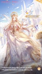 1girl aqua_eyes artist_request blonde_hair blue_butterfly blue_sky blue_wings bug butterfly butterfly_on_hand castle character_name cloud copyright_name crescent crescent_earrings cross cross_earrings crown day dress earrings english_text expressionless eyelashes eyeshadow fairy fairy_wings feather-trimmed_shoes floating_clothes floating_hair flower full_body gold_crown gold_necklace gold_ring gown halo halo_behind_head highres insect jewelry lace lace-trimmed_dress lace_trim layered_dress light_particles lightbringer&#039;s_ode_(shining_nikki) lips logo long_dress long_hair long_sidelocks looking_at_viewer makeup mismatched_eyebrows necklace nikki_(series) official_art ophelia_(shining_nikki) outdoors parted_lips petals pink_eyeshadow pink_lips pointy_ears rose rose_petals shining_nikki shoes sidelocks skirt_hold sky sleeveless sleeveless_dress solo spiked_halo stairs sun_print teeth third-party_source very_long_hair walking wavy_hair white_dress white_shoes wind wings yellow_bridal_gauntlets yellow_corset yellow_dress yellow_flower yellow_halo yellow_rose