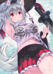 1girl animal_ear_fluff animal_ears arm_up armpits black_bra black_skirt bra breasts commentary_request cowboy_shot detached_sleeves dutch_angle hat highres holding holding_shield inubashiri_momiji kittona large_breasts long_sleeves midriff navel pleated_skirt pom_pom_(clothes) rain red_eyes red_hat red_ribbon red_skirt ribbon ribbon-trimmed_sleeves ribbon_trim shield shirt short_hair skirt solo sword tail tokin_hat touhou traditional_media two-tone_skirt underwear watercolor_pencil_(medium) weapon wet wet_clothes wet_shirt white_sleeves wolf_ears wolf_girl wolf_tail