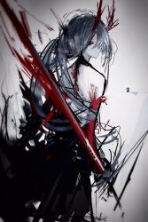 Rule 34 | 1girl, acheron (honkai: star rail), bare shoulders, chibi, chibi inset, closed mouth, colored extremities, cowboy shot, from behind, grey hair, highres, holding, holding sword, holding weapon, honkai: star rail, honkai (series), horns, katana, long hair, looking at viewer, lue (llue l), red eyes, red hands, red horns, reverse grip, solo, sword, weapon, white background