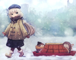 1girl black_scarf black_skirt blue_eyes blue_headwear bokukawauso brown_gloves coat gloves grey_coat grey_hair hat kantai_collection kotatsu long_hair long_sleeves low_twintails mascot mikura_(kancolle) otter outdoors pulling scarf skirt snowing table toboggan twintails under_kotatsu under_table walking winter wss_(nicoseiga19993411)