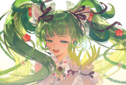 1girl :d absurdres antenna_hair black_ribbon blush bow braid commentary flower frilled_wrist_cuffs frills gloves green_eyes green_gloves green_hair hair_bow hair_flower hair_ornament hair_ribbon half-closed_eyes hatsune_miku hatsune_miku_japan_tour_2025_~blooming~ headset highres long_hair magic nun_nu open_mouth portrait ribbon smile solo twintails very_long_hair vocaloid wrist_cuffs