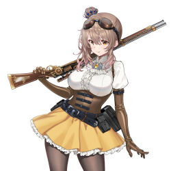 Rule 34 | 1girl, belt, belt pouch, breasts, brown hair, commentary request, corset, elbow gloves, gloves, goggles, goggles on head, gun, holding, holding gun, holding weapon, jewelry, large breasts, long hair, orange eyes, original, pantyhose, pouch, rifle, scope, shiratsu yuni, shirt, skirt, steampunk, weapon, weapon on back, white background, white shirt, yellow skirt