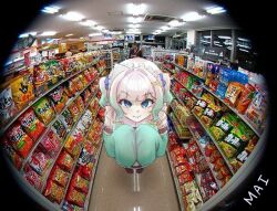 1girl artist_name blue_eyes camera_feed closed_mouth commentary convenience_store detached_sleeves english_commentary from_above ghost_pose gradient_hair green_hair green_sleeves hair_ornament highres indie_virtual_youtuber indoors long_hair long_sleeves looking_at_viewer mai_owmy maid_headdress mint_fantome mint_fantome_(minto_2.0) multicolored_hair people photo_background round_image security_camera shop sleeves_past_fingers sleeves_past_wrists smile solo triangular_headpiece two_side_up virtual_youtuber white_hair x_hair_ornament