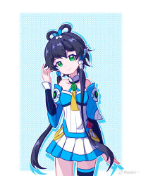 Rule 34 | 1girl, asymmetrical legwear, bare shoulders, black thighhighs, chinese commentary, closed mouth, cowboy shot, detached sleeves, green eyes, grey hair, hair ornament, hair rings, hand in own hair, highres, long hair, looking at viewer, luo tianyi, luo tianyi v3, pleated skirt, pointzhu, short hair with long locks, simple background, skirt, solo, thighhighs, twintails, uneven legwear, vocaloid, vsinger (vocaloid), watermark, weibo username, weibo watermark