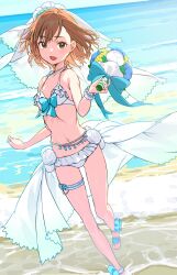 1girl :d absurdres beach belly_chain bikini bouquet breasts bridal_bikini bridal_veil brown_eyes brown_hair commentary flower haimura_kiyotaka highres holding holding_bouquet jewelry medium_hair misaka_mikoto nontraditional_wedding_dress ocean official_alternate_costume open_mouth outdoors small_breasts smile solo swimsuit symbol-only_commentary toaru_kagaku_no_railgun toaru_majutsu_no_index veil white_bikini