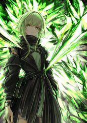 Rule 34 | 1girl, 3 (sanyako1), absurdres, animal ear fluff, animal ears, arknights, arms at sides, black coat, closed mouth, clothing cutout, coat, commentary request, cowboy shot, crystal, energy, green eyes, green hair, highres, kal&#039;tsit (arknights), looking at viewer, material growth, oripathy lesion (arknights), partial commentary, short hair with long locks, shoulder cutout, solo, standing, watch, wristwatch