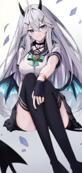 1girl absurdres black_choker black_gloves black_horns black_nails black_sailor_collar black_skirt black_thighhighs bow bracelet breasts choker commentary crossed_bangs demon_wings double-parted_bangs earrings english_commentary fang fingerless_gloves gloves gold_bracelet green_bow hair_between_eyes hair_ornament hairpin highres horns indie_virtual_youtuber jewelry large_breasts long_hair looking_at_viewer low_wings multiple_bracelets multiple_hairpins pleated_skirt pointy_ears purple_eyes sailor_collar school_uniform serafuku shirt short_sleeves sitting skin_fang skirt solo thighhighs thighs touko_(toko12_tooko) vei_(vtuber) very_long_hair virtual_youtuber white_hair white_serafuku white_shirt wings