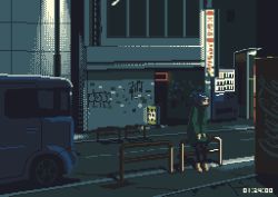 1girl animated animated_gif blue_hair building car city coca-cola female_focus motocross_saito motor_vehicle night nissan nissan_cube one_side_up original pixel_art railing smoking solo vending_machine