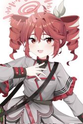 1girl adapted_costume ahoge bag black_sleeve_cuffs blue_archive blush bow dress drill_hair flat_chest grey_dress hair_between_eyes hair_bow hair_ribbon halo hand_up hashtag-only_commentary highres kasane_teto kasane_teto_(sv) layered_dress layered_sleeves long_sleeves looking_at_viewer musical_staff musical_staff_print open_mouth red_eyes red_hair red_trim reqware ribbon shoulder_bag simple_background solo striped_clothes striped_dress synthesizer_v twin_drills utau white_background white_bow white_ribbon