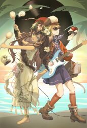 :d absurdres ahoge ankle_boots anklet apple apple_(reverse:1999) back-to-back barefoot black_bow black_bowtie blue_dress blue_eyes blue_neckerchief boots bow bowtie brown_footwear brown_hair newsboy_cap conch dancing dark-skinned_female dark_skin dress electric_guitar fatutu flower food from_side fruit gradient_sky green_sky guitar hair_flower hair_ornament hands_up hat hibiscus highres holding holding_guitar holding_instrument holding_maracas holding_plectrum instrument jacket jewelry leaf_hair_ornament leg_up long_hair long_skirt looking_at_viewer maracas midriff neckerchief ocean open_mouth palm_leaf plectrum polka_dot_neckerchief red_jacket red_sky red_socks regulus_(reverse:1999) reverse:1999 shell shirt short_dress skirt sky sleeveless sleeveless_shirt smile snow_globe socks standing standing_on_one_leg sunglasses tongshan_treeless traditional_bowtie white_flower white_shirt white_skirt yellow_sky