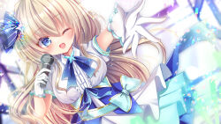 Rule 34 | 1girl, 9-nine-, ;d, alternate costume, aqua bow, blue bow, blue eyes, blue ribbon, blurry, blurry background, blush, bow, breasts, brown hair, butterfly ornament, center frills, collared dress, commentary request, commission, concert, cowboy shot, dress, dress bow, dutch angle, eyelashes, eyes visible through hair, floating hair, frilled dress, frills, gear hair ornament, gloves, hair between eyes, hair bow, hair ornament, hand up, happy, highres, holding, holding microphone, idol, idol clothes, kujou miyako, large breasts, long hair, looking at viewer, microphone, neck ribbon, nekota min, one eye closed, open mouth, outstretched arm, outstretched hand, ribbon, short sleeves, sidelocks, skeb commission, smile, sparkle, stage, star (symbol), star hair ornament, striped bow, very long hair, white dress, white gloves