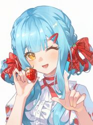 1girl ;d ave_mujica_(bang_dream!) bang_dream! bang_dream!_it&#039;s_mygo!!!!! blue_hair blush bow braid center_frills commentary_request food food-themed_hair_ornament food_print frills fruit fruit_print hair_bow hair_bun hair_ornament hairclip holding holding_food holding_fruit long_hair looking_at_viewer maoerduo_meow one_eye_closed open_mouth puffy_short_sleeves puffy_sleeves red_bow red_ribbon ribbon shirt short_sleeves simple_background smile solo strawberry strawberry_hair_ornament strawberry_print sweets_paradise togawa_sakiko upper_body white_background white_shirt yellow_eyes