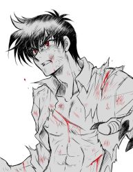 1boy black_hair bleeding blood claws cuts deep_wound fingernails injury jigoku_sensei_nube long_fingernails looking_away male_focus muscular nipples nueno_meisuke open_clothes open_shirt pectorals red_eyes sharp_fingernails shirt short_hair solo teeth upper_body wauwa