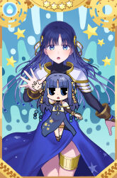 2girls armor artist_collaboration bare_legs black_shirt blue_dress blue_eyes blue_hair border brown_bridal_gauntlets card_(medium) chibi commentary_request dot_nose dress dual_persona fuji_fujino gold_thighlet highres long_hair magia_record:_mahou_shoujo_madoka_magica_gaiden magical_girl mahou_shoujo_madoka_magica multiple_girls nanami_yachiyo open_mouth papa_(shimeguru) pauldrons shirt shoulder_armor side_slit soul_gem star_(symbol) star_print water_drop white_armor