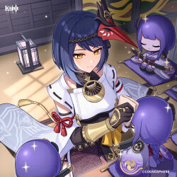 Rule 34 | 1girl, absurdres, bird mask, black bodysuit, blue hair, bodysuit, breast curtain, character doll, closed mouth, commentary, copyright name, copyright notice, doll, figure, from above, genshin impact, highres, japanese clothes, kimono, kujou sara, long hair, low-braided long hair, low-tied long hair, mask, mask on head, mole, mole under eye, official art, purple hair, purple kimono, raiden shogun, red mask, red rope, rope, short hair, sitting, smile, solo, statue of her excellency (genshin impact), tassel, yellow eyes