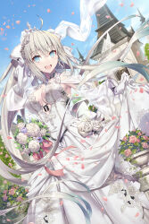 1girl blue_eyes blue_sky bouquet bow braid breasts bridal_veil church cleavage dress elbow_gloves fate/grand_order fate_(series) flower gabiran gloves grey_hair hair_bow half_up_braid highres large_breasts long_hair looking_at_viewer morgan_le_fay_(fate) open_mouth ponytail sidelocks sky smile solo veil very_long_hair wedding_dress white_bow white_dress white_gloves