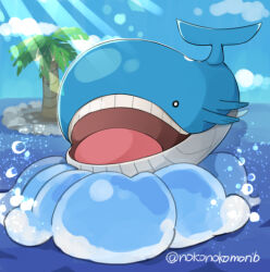 bright_pupils bubble cloud commentary_request day full_body gen_3_pokemon nintendo no_humans nokonoko_mori open_mouth outdoors palm_tree pokemon pokemon_(creature) solo sunlight tree twitter_username wailord white_pupils