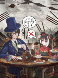 1boy 1girl black_hair blue_coat blue_hat brown_eyes brown_vest chair chinese_clothes cloud cloudy_sky coat collared_shirt cookie cup double_bun food grey_sky hair_bun hat highres hubert_(limbus_company) jia_xichun_(project_moon) limbus_company macaron muffin multicolored_hair necktie pink_eyes project_moon red_shrug roman_numeral ryum11 shirt shrug_(clothing) sitting sky speech_bubble streaked_hair table tea teacup teapot tiered_tray top_hat two-tone_hair vest white_hair white_shirt
