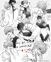 2boys absurdres alternate_universe arms_around_neck bandaged_arm bandages biting carrying cradling english_text genshin_impact greyscale hamtaru542899 highres holding_another&#039;s_face kiss leaning_on_person leg_lock monochrome mors_gn multiple_boys neck_biting princess_carry sleeping tartaglia_(genshin_impact) twitter vampire white_background yaoi zhongli_(genshin_impact)