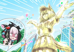 ? ?? ahoge animal_ears arms_at_sides black_hair breasts building closed_eyes closed_mouth collarbone commentary_request confused do_deuce_(racehorse) equinox_(racehorse) hair_ornament highres horse_ears horse_girl kuman_bachi medium_breasts medium_hair midriff navel open_mouth original parody scene_reference sky smile solo thighhighs visor_cap