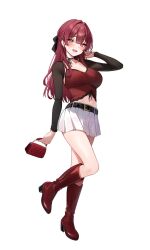 1girl alternate_costume alternate_hairstyle bag belt belt_buckle black_belt black_ribbon blush boots breasts buckle camisole cleavage commentary_request detached_sleeves full_body hair_intakes half_updo handbag heterochromia highres holika_baby hololive houshou_marine knee_boots large_breasts looking_at_viewer midriff miniskirt navel neck_ribbon open_mouth pleated_skirt red_bag red_boots red_camisole red_eyes red_hair ribbon simple_background skirt smile solo standing standing_on_one_leg thighs virtual_youtuber white_background white_skirt yellow_eyes