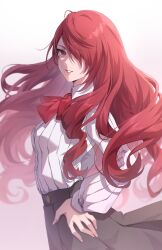 1girl absurdres hands_on_own_hips highres hyosi kirijou_mitsuru long_hair persona persona_3 red_eyes red_hair shirt simple_background skirt very_long_hair white_background white_shirt