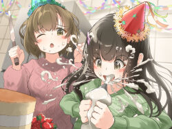 2girls aran_sweater baking black_hair blush blush_stickers bob-cut_neighbor_girl_(tachiinu) bob_cut breasts brown_eyes brown_hair cable_knit cake clenched_hands commentary food food_in_mouth food_on_face fruit green_sweater hair_ornament hairclip hands_up hat holding holding_pastry_bag holding_spatula icing kitchen long-haired_neighbor_girl_(tachiinu) long_hair loose_hair_strand messy messy_hair multiple_girls one_eye_closed open_mouth original paid_reward_available paper_chain party party_hat pastry_bag pink_sweater raised_eyebrows refrigerator short_hair small_breasts spatula squeezing star_(symbol) strawberry striped_clothes striped_sweater suggestive_fluid surprised sweater tachiinu tile_wall tiles tilted_headwear upper_body