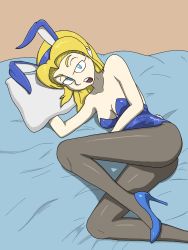 1girl bed blonde_hair high_heels highres leggy legs leotard maria_robotnik pantyhose playboy_bunny sega sonic_(series) third-party_edit unamused