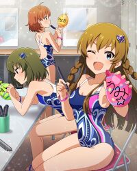 3girls ;d ahoge balloon blue_eyes blush bracelet braid breasts brown_hair butterfly_hair_ornament chair character_name commentary_request competition_swimsuit folding_chair game_cg green_hair hair_ornament holding holding_balloon holding_pen idolmaster idolmaster_million_live! idolmaster_million_live!_theater_days indoors jewelry kousaka_umi leaning_forward locker locker_room long_hair looking_at_viewer marker mirror multiple_girls nagayoshi_subaru official_art on_chair one-piece_swimsuit one_eye_closed open_mouth orange_hair pen short_hair sitting smile standing swimsuit table third-party_source twin_braids writing yabuki_kana
