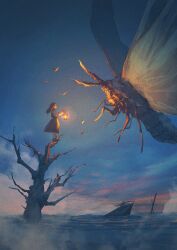 Rule 34 | 1girl, absurdres, bug, butterfly, dusk, giant insect, highres, holding, holding lantern, insect, lantern, long hair, moth, neg (101neg), on tree, original, overcast, shipwreck, skirt, sky, steam, water