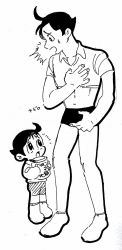 2boys ahoge candy carrying dual_persona food full_body fushigi_na_merumo genderswap genderswap_(ftm) hand_on_own_chest highres ink_(medium) jacket jar ka_ji looking_at_another male_focus merumo multiple_boys aged_up open_mouth polo_shirt retro_artstyle short_shorts shorts simple_background socks ^^^ surprised sweatdrop traditional_media undersized_clothes white_background