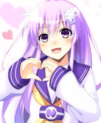 1girl blush commentary_request d-pad d-pad_hair_ornament doria_(p_f_dolia) dress female_focus hair_between_eyes hair_ornament heart heart_hands highres long_hair long_sleeves looking_at_viewer neckerchief nepgear neptune_(series) open_mouth purple_eyes purple_hair sailor_collar sailor_dress sidelocks solo upper_body white_dress yellow_neckerchief