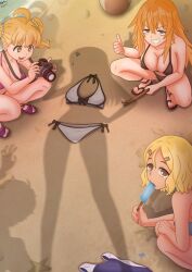 1boy 4girls beach bikini blonde_hair breasts brown_eyes camera dressed_shadow_(meme) earclip food gamou_maki hachiouji_naoto hair_ornament hand_on_own_hip holding holding_phone ice_cream ijiranaide_nagatoro-san implied_nudity kaschmatz long_hair meme multiple_girls nagatoro_hayase orange_eyes orange_hair phone sakura_(nagatoro) sand shadow short_hair silhouette standing swimsuit tagme thumbs_up unworn_bikini unworn_bikini_bottom unworn_bikini_top unworn_clothes water yoshi_(nagatoro)