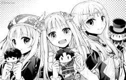 Rule 34 | 3girls, :d, atelier (series), atelier lulua, blunt bangs, character doll, christoph aurel arland, circlet, closed mouth, commentary request, doll, elmerulia frixell, ficus finis, greyscale, hair ornament, hat, holding, holding doll, karasumi (aiseec), long hair, long sleeves, looking at viewer, monochrome, multiple girls, open mouth, piana (atelier), rorolina frixell, smile, sterkenburg cranach, upper body