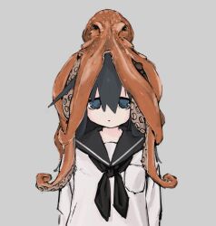 1girl absurdres animal animal_on_head arms_at_sides black_hair black_ribbon black_sailor_collar blue_eyes hair_between_eyes highres looking_at_viewer mushroom mushroom_on_head octopus on_head ribbon sailor_collar school_uniform serafuku shimeji_simulation solo tsukishima_shijima