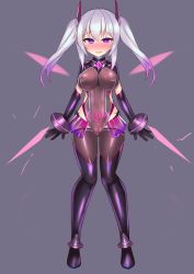 1girl black_gloves blush bracelet breast_expansion breasts bright_pupils celestia_quartz corruption covered_navel dark_persona energy_blade full_body gloves grey_background hair_ornament highres jewelry kutan large_breasts leotard magical_girl nose_blush original pubic_tattoo purple_eyes showgirl_skirt simple_background skin_tight solo standing tattoo twintails white_hair white_pupils